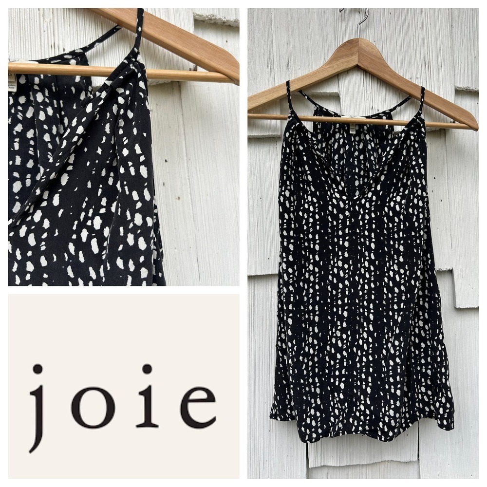 Joie Silk Sleeveless Top Black White Print V-Neck‎ Spaghetti Strap Tank Size XS